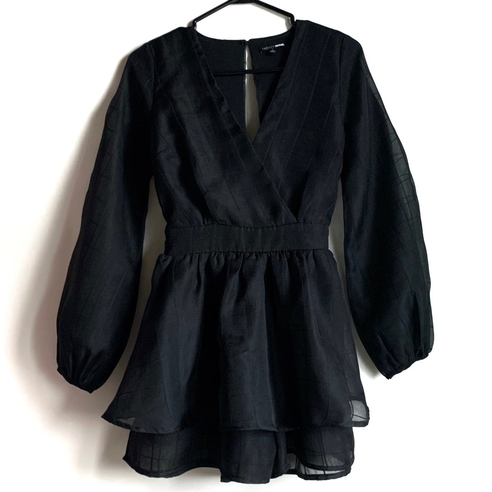 Fashion Nova Black Long Sleeve Ruffled Gridwork Axis Romper Dress Size XS (EUC)